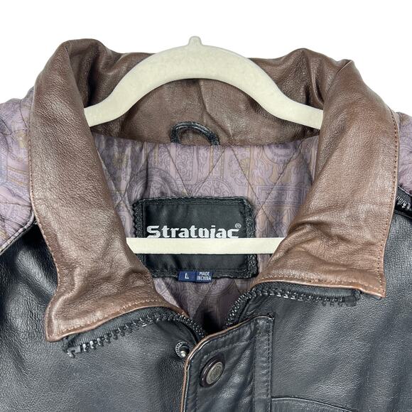 Stratojac Leather Parka Jacket Coat Men's Large Black Brown Hooded Heavy VT - Picture 10 of 16